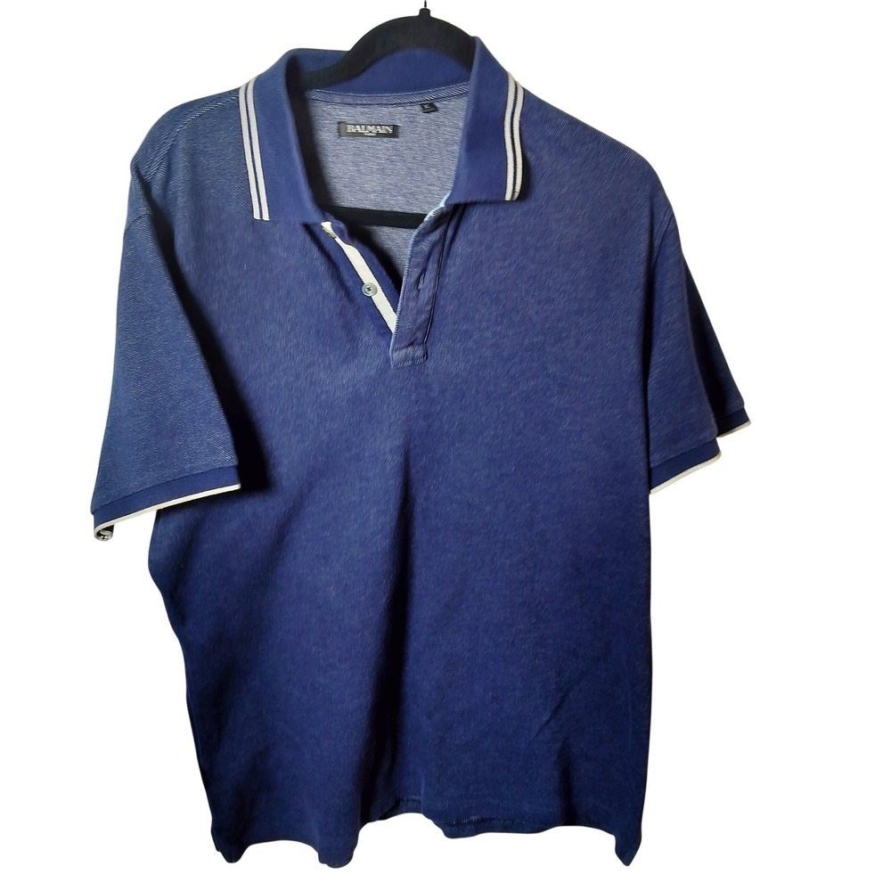 Balmain Paris Mens Blue Textured Short Sleeve Polo Shirt XL Tipped Collar